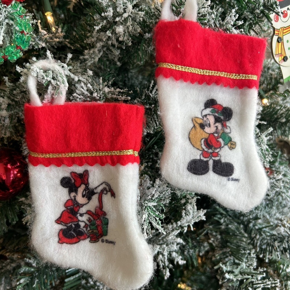 VTG Disney Mini Felt Christmas Stockings - 7" -  Lot of 2 - Mickey Minnie Mouse
